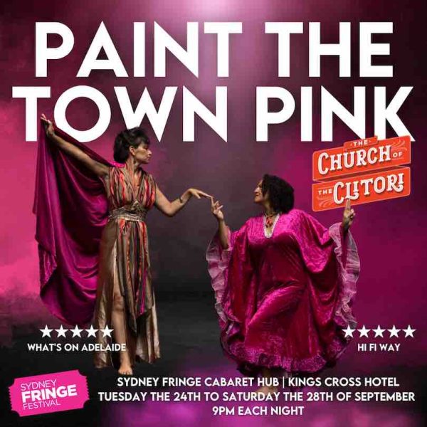 A poster image promoting Church of the Clitori with a headline PAINT THE TOWN PINK and two flamboyant figures in a hand hold as if they are about to dance.